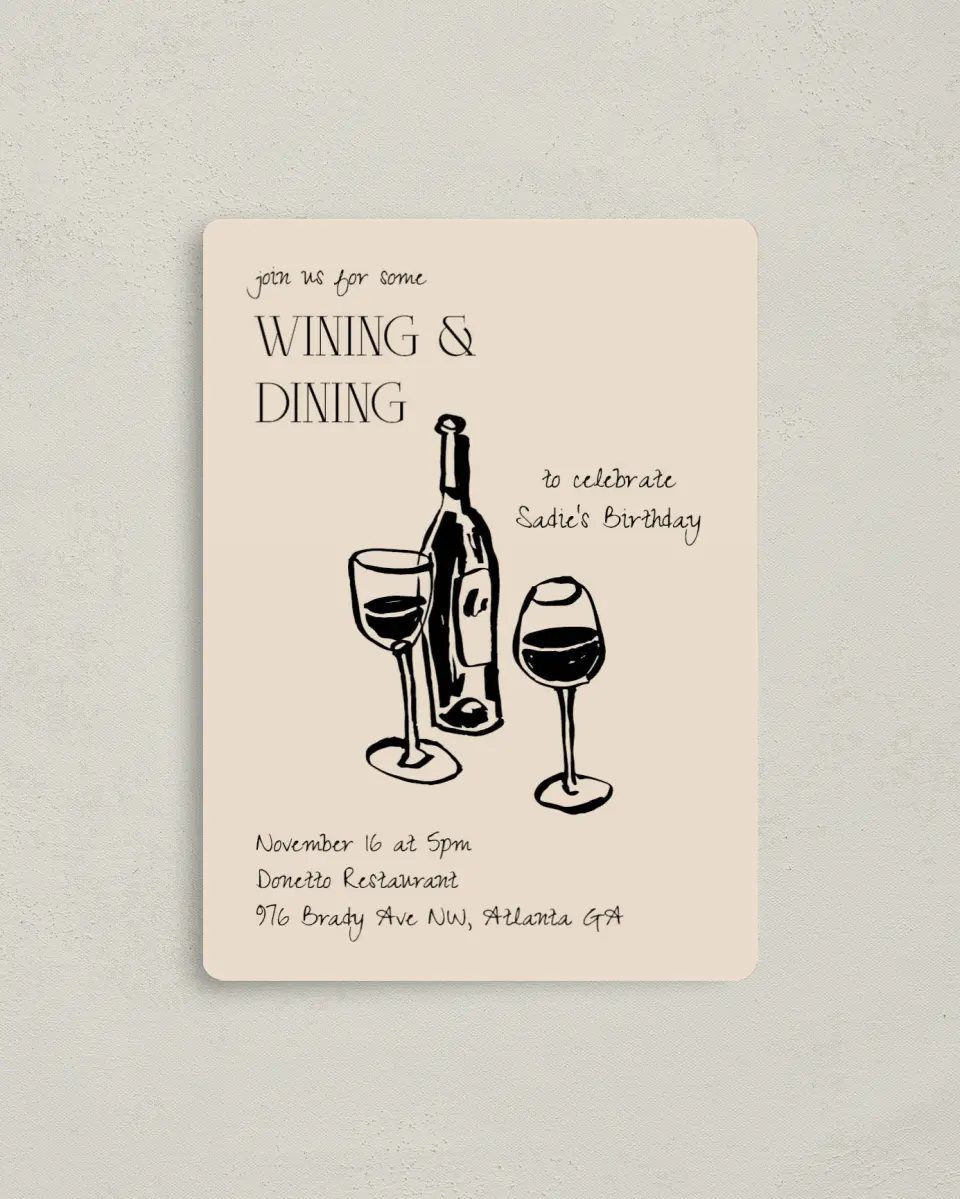 This is a 4" x 5½" Birthday Party Invitation called Wining & Dining printed in full color with a Luxe Satin finish
