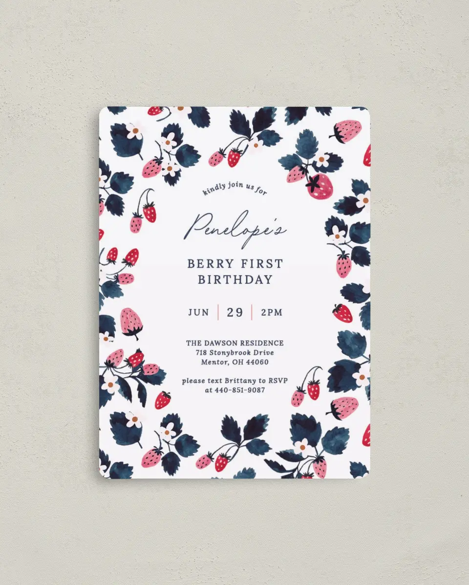 This is a 4" x 5½" Birthday Party Invitation called Berry First printed in full color with a Luxe Satin finish