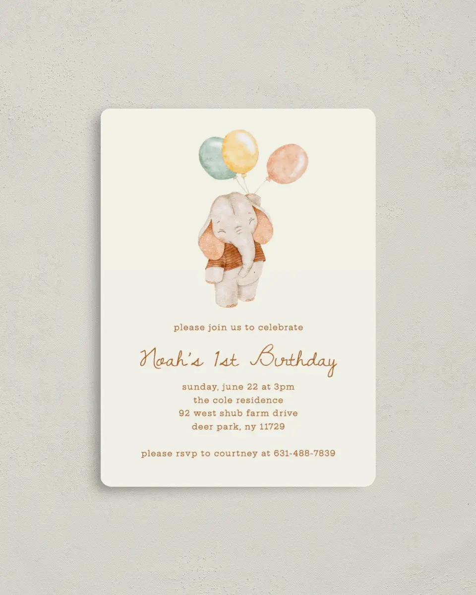 This is a 4" x 5½" Birthday Party Invitation called Balloon Buddy printed in full color with a Luxe Satin finish