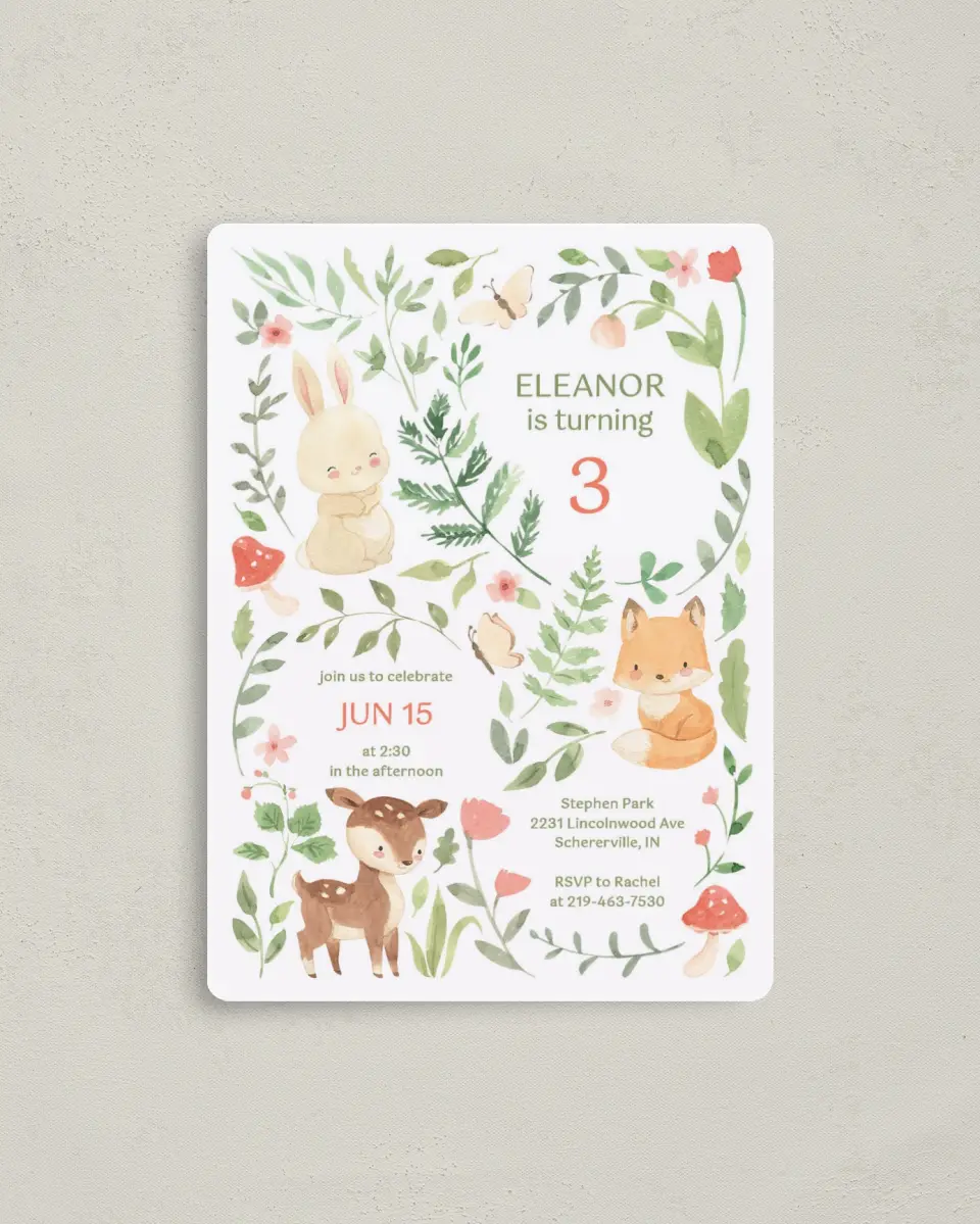 This is a 4" x 5½" Birthday Party Invitation called Flora & Fauna printed in full color with a Luxe Satin finish
