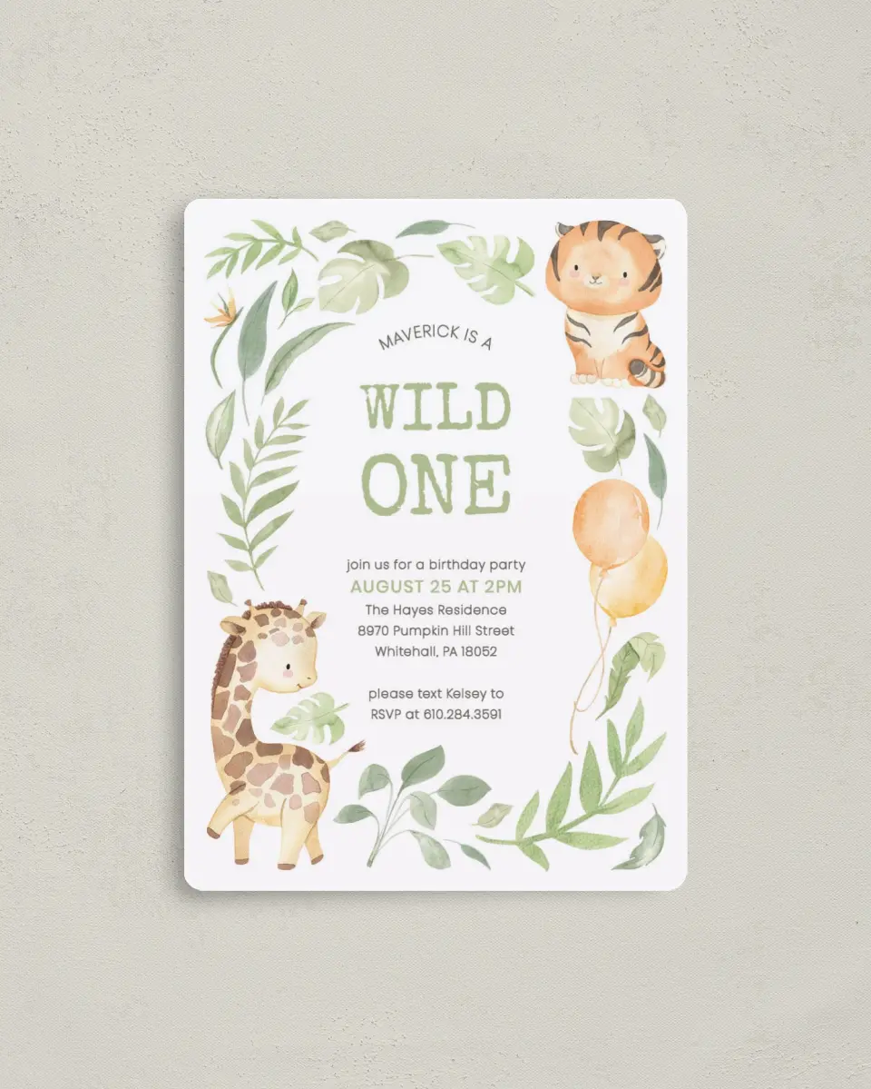This is a 4" x 5½" Birthday Party Invitation called Wild One printed in full color with a Luxe Satin finish
