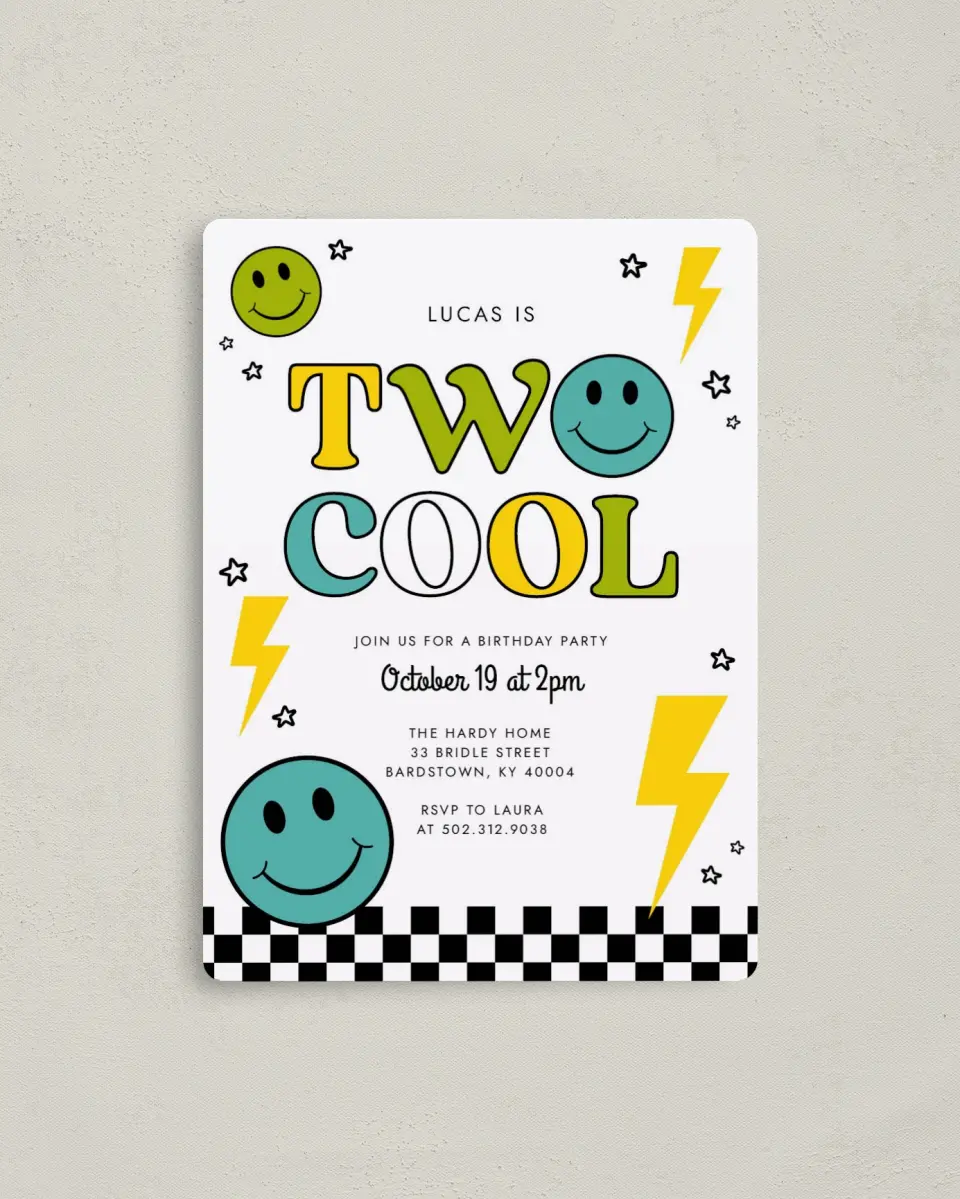 This is a 4" x 5½" Birthday Party Invitation called Two Cool printed in full color with a Luxe Satin finish