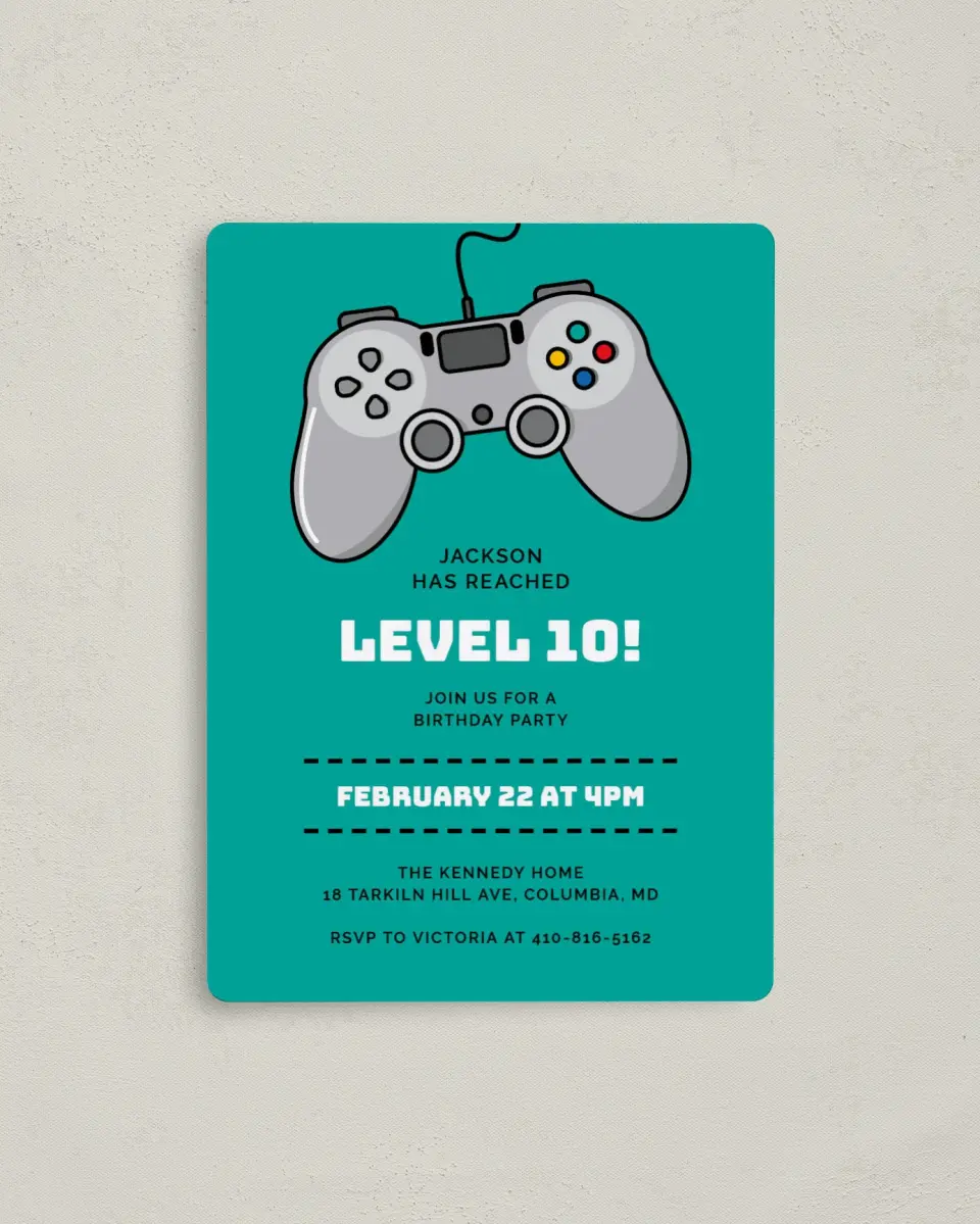 This is a 4" x 5½" Birthday Party Invitation called Level Up printed in full color with a Luxe Satin finish