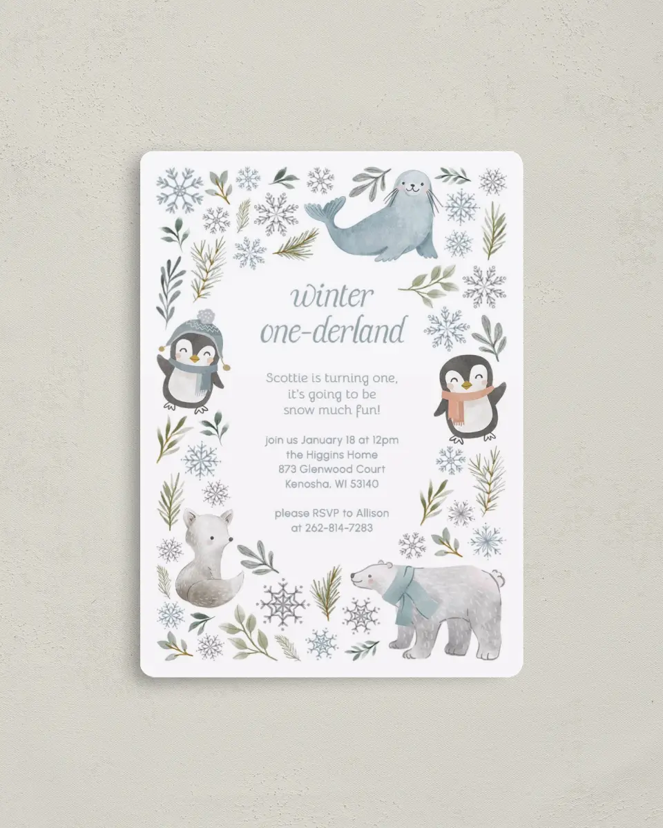 This is a 4" x 5½" Birthday Party Invitation called Winter Wonderland printed in full color with a Luxe Satin finish