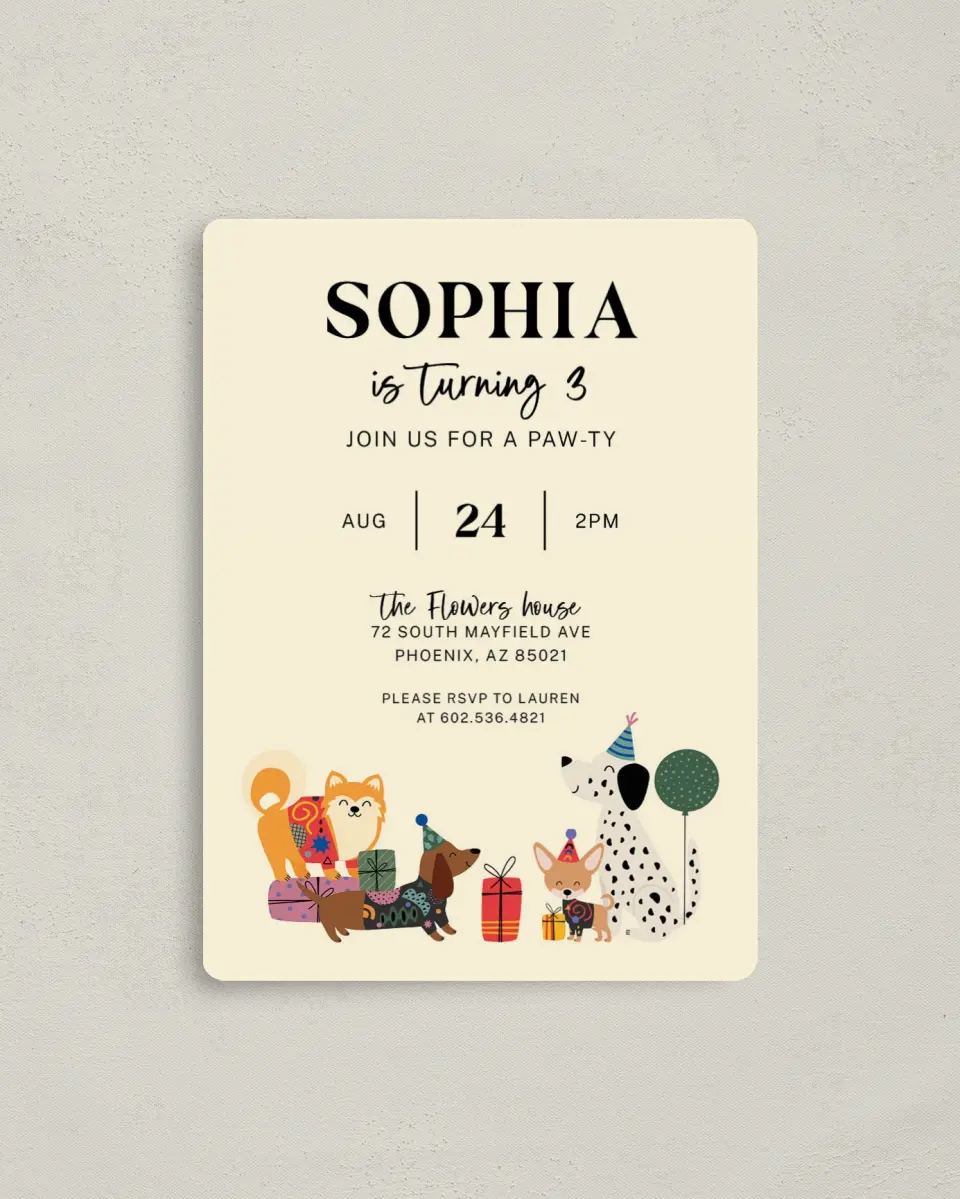 This is a 4" x 5½" Birthday Party Invitation called Party Pups printed in full color with a Luxe Satin finish