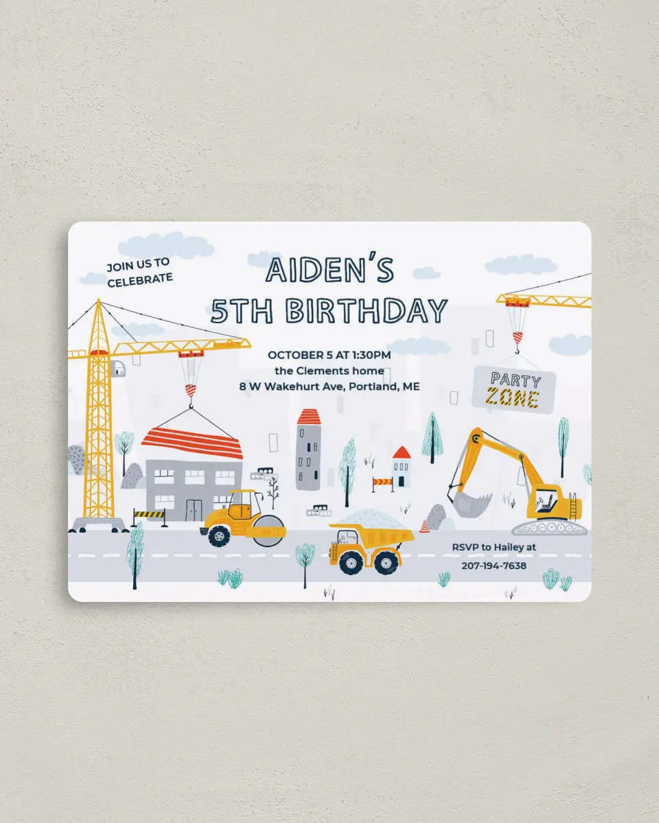 This is a 4" x 5½" Birthday Party Invitation called Under Construction printed in full color with a Luxe Satin finish