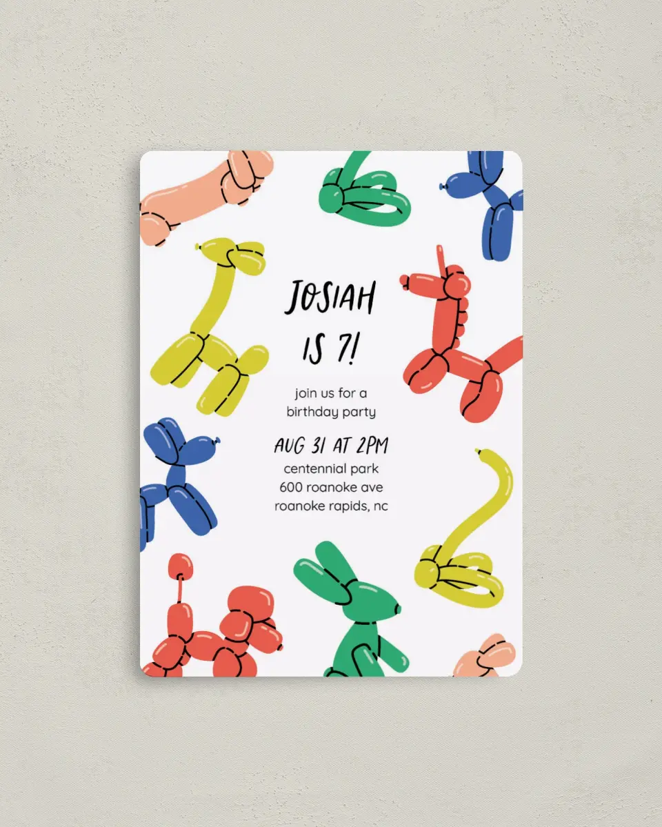 This is a 4" x 5½" Birthday Party Invitation called Balloon Blast printed in full color with a Luxe Satin finish