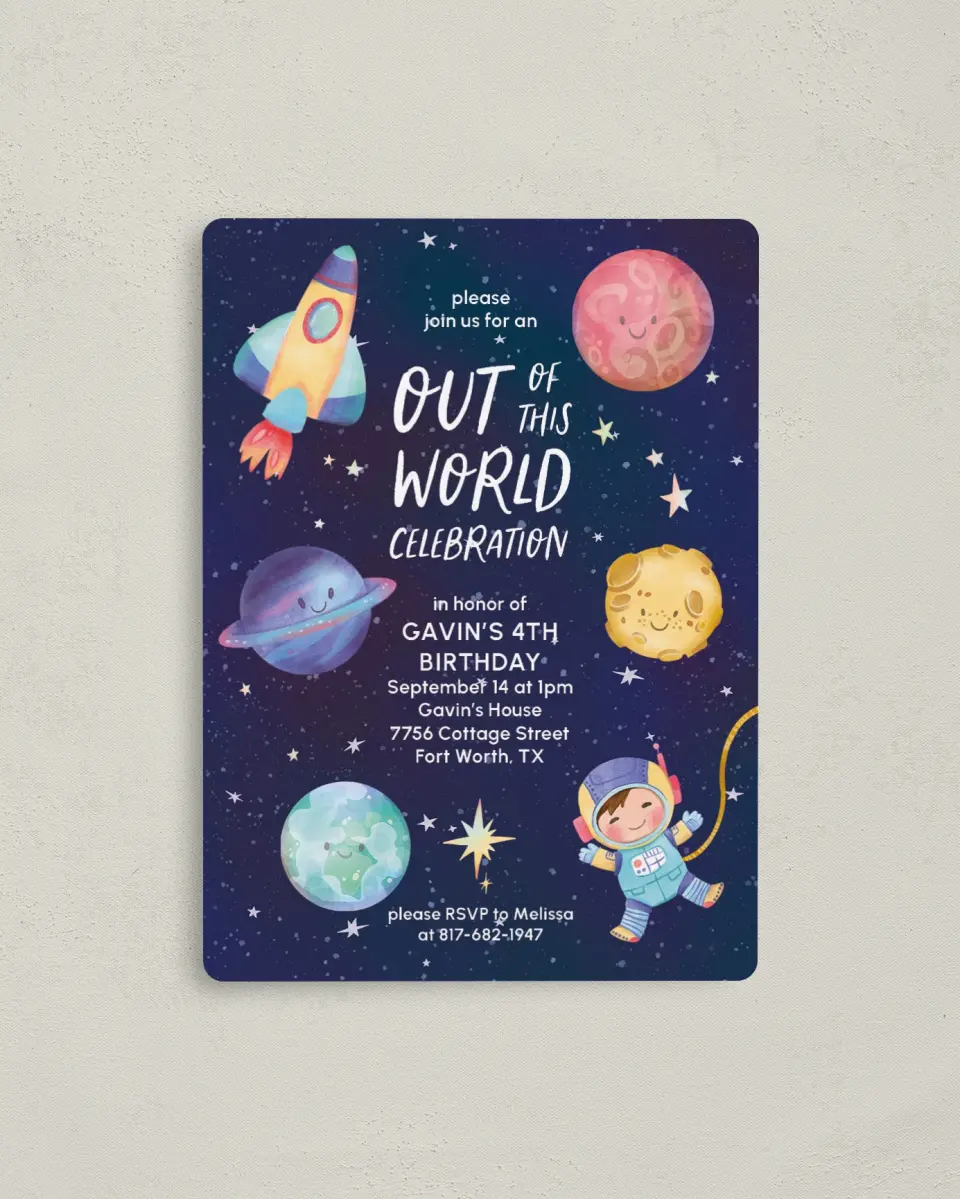 This is a 4" x 5½" Birthday Party Invitation called Out of this World printed in full color with a Luxe Satin finish