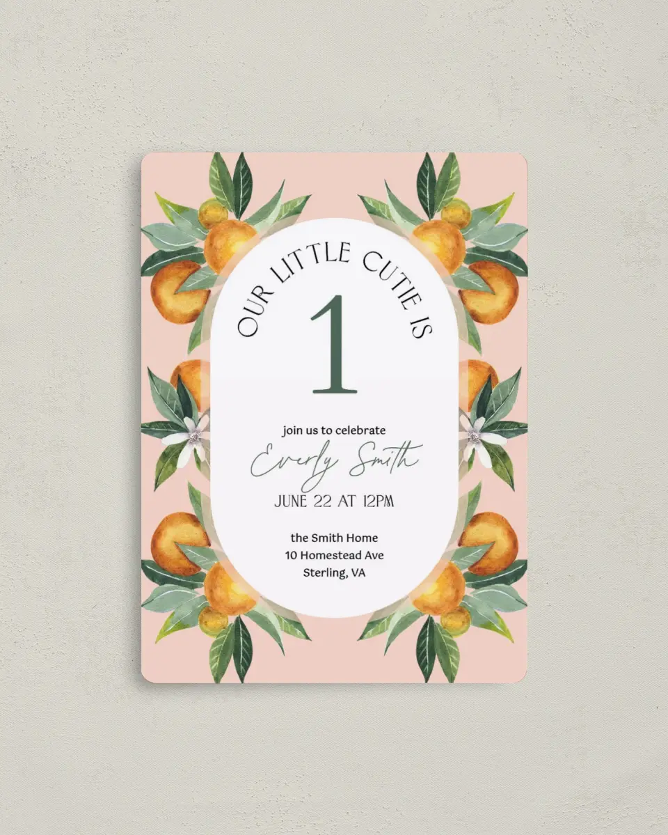This is a 4" x 5½" Birthday Party Invitation called Our Cutie printed in full color with a Luxe Satin finish
