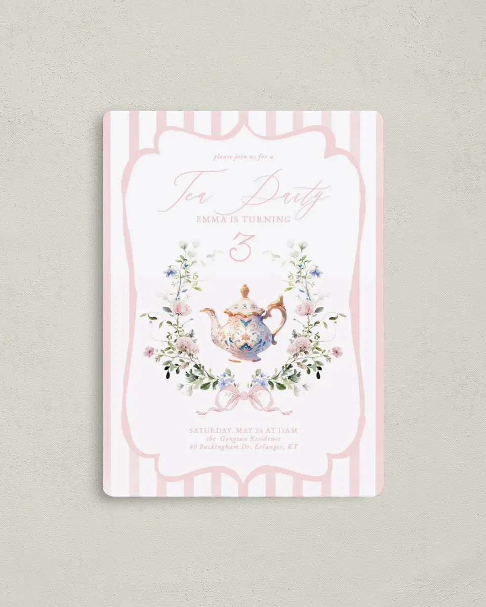 This is a 4" x 5½" Birthday Party Invitation called Birthday Tea printed in full color with a Luxe Satin finish