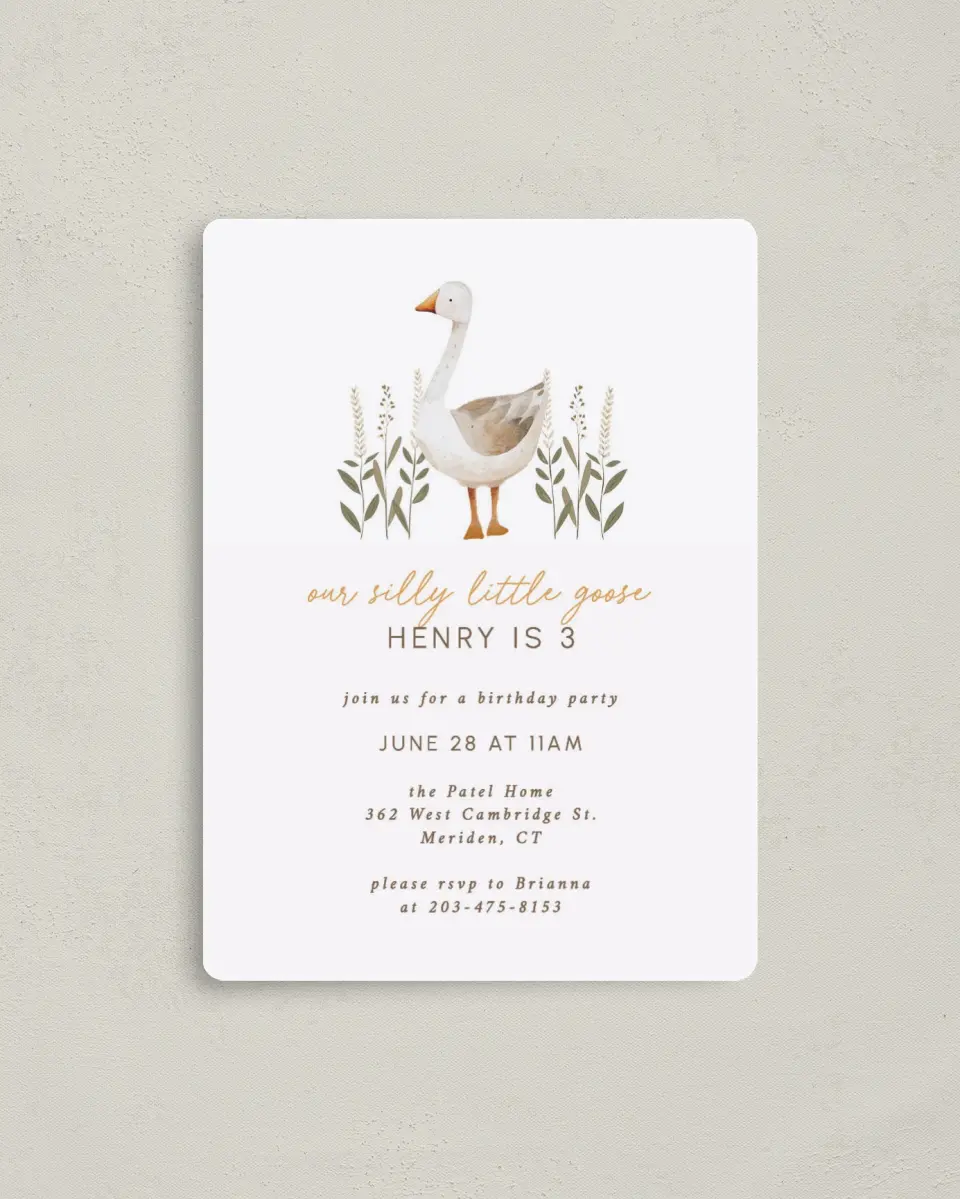This is a 4" x 5½" Birthday Party Invitation called Silly Goose printed in full color with a Luxe Satin finish