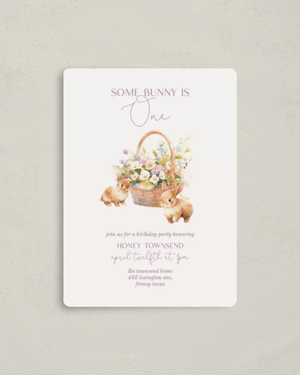 This is a 4" x 5½" Birthday Party Invitation called Some Bunny printed in full color with a Luxe Satin finish