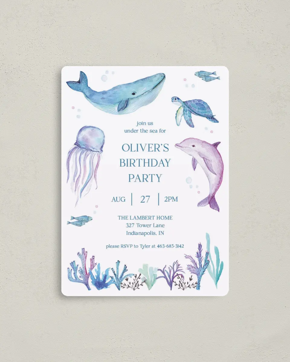 This is a 4" x 5½" Birthday Party Invitation called Deep Sea printed in full color with a Luxe Satin finish