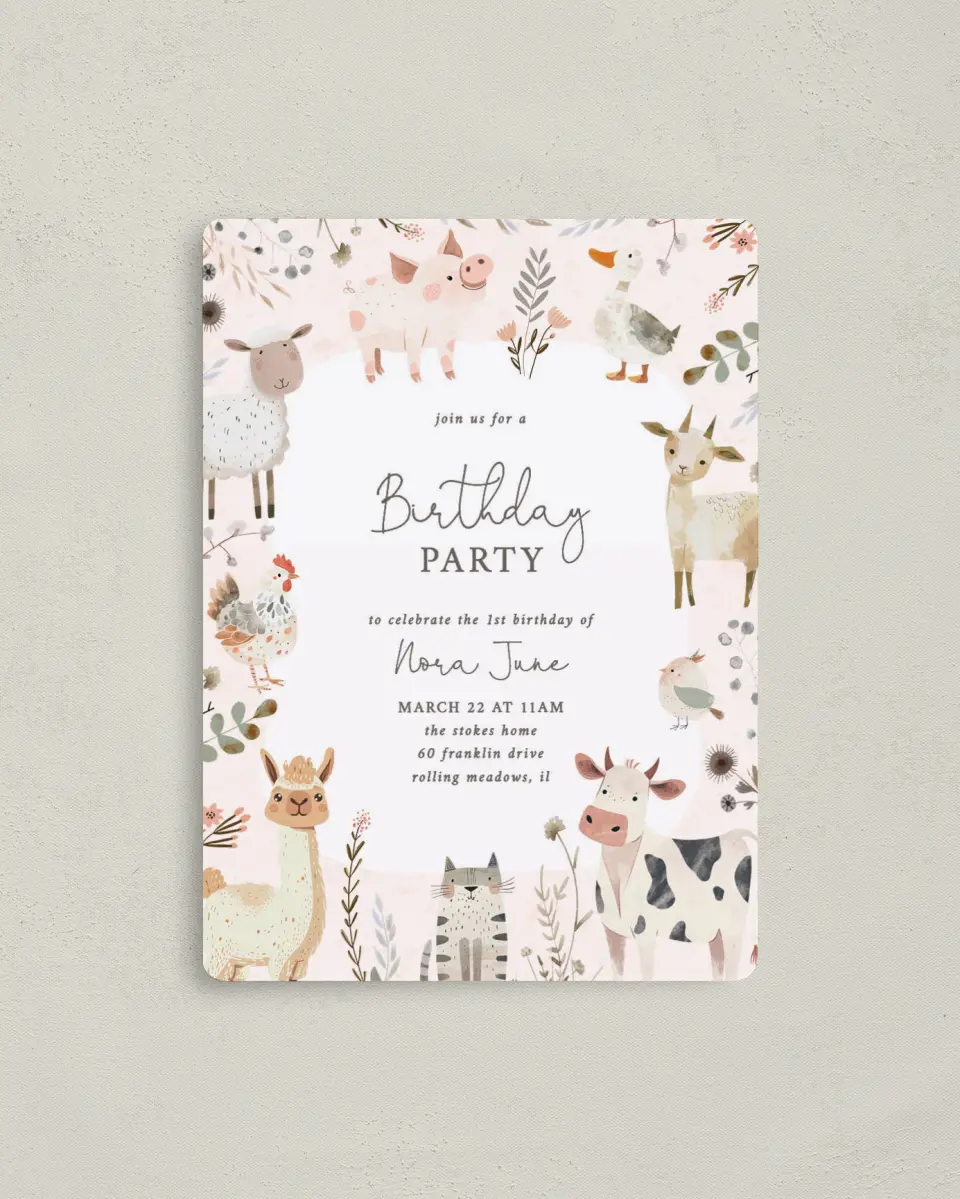 This is a 4" x 5½" Birthday Party Invitation called Farm Friends printed in full color with a Luxe Satin finish