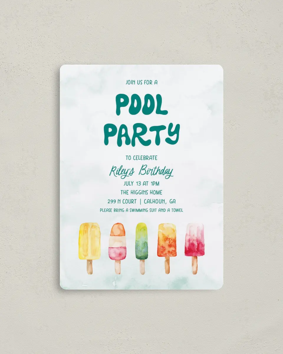 This is a 4" x 5½" Birthday Party Invitation called Poolside Popsicles printed in full color with a Luxe Satin finish