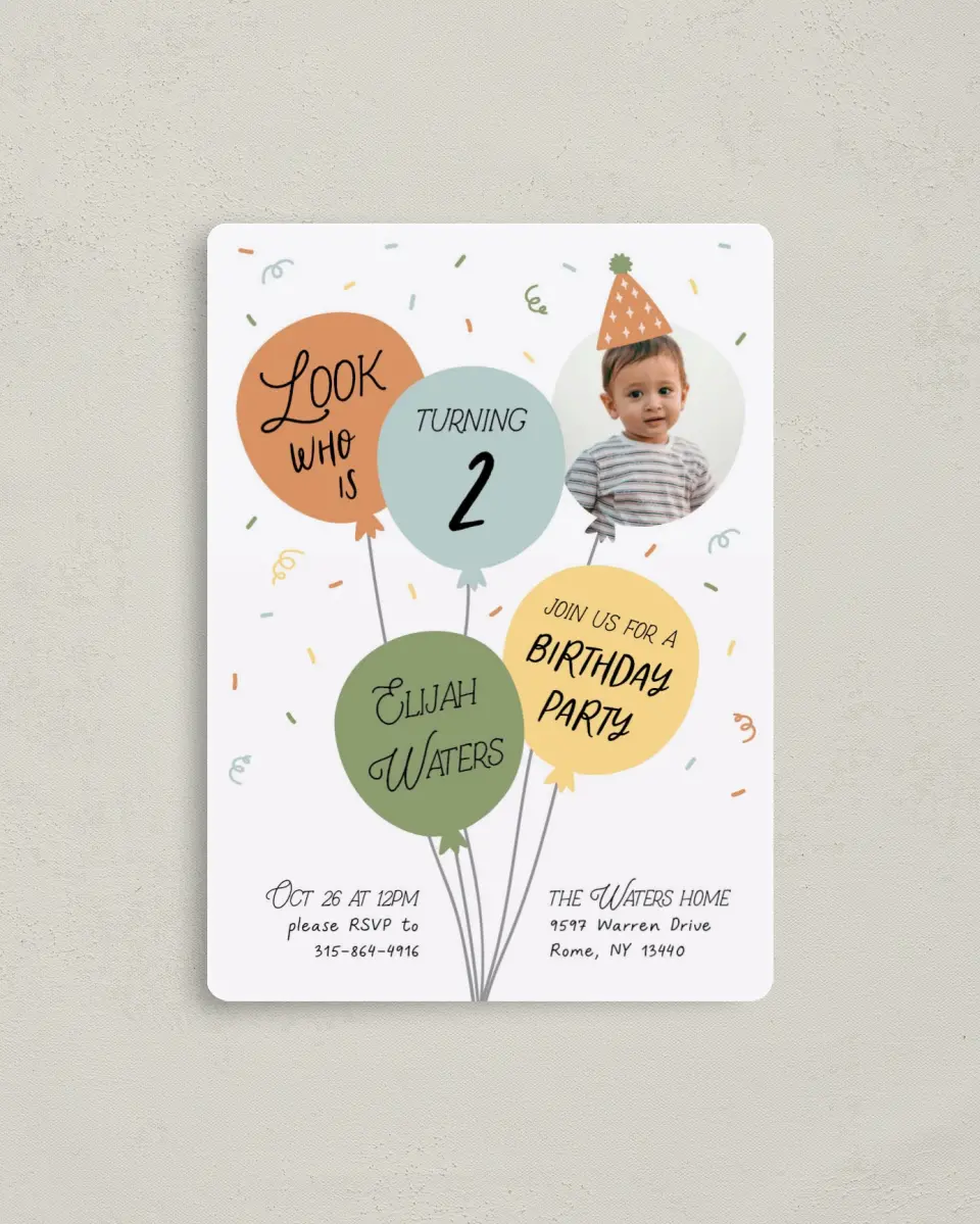 This is a 4" x 5½" Birthday Party Invitation called Birthday Blast printed in full color with a Luxe Satin finish
