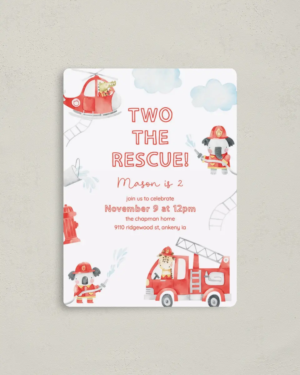 This is a 4" x 5½" Birthday Party Invitation called Two the Rescue printed in full color with a Luxe Satin finish