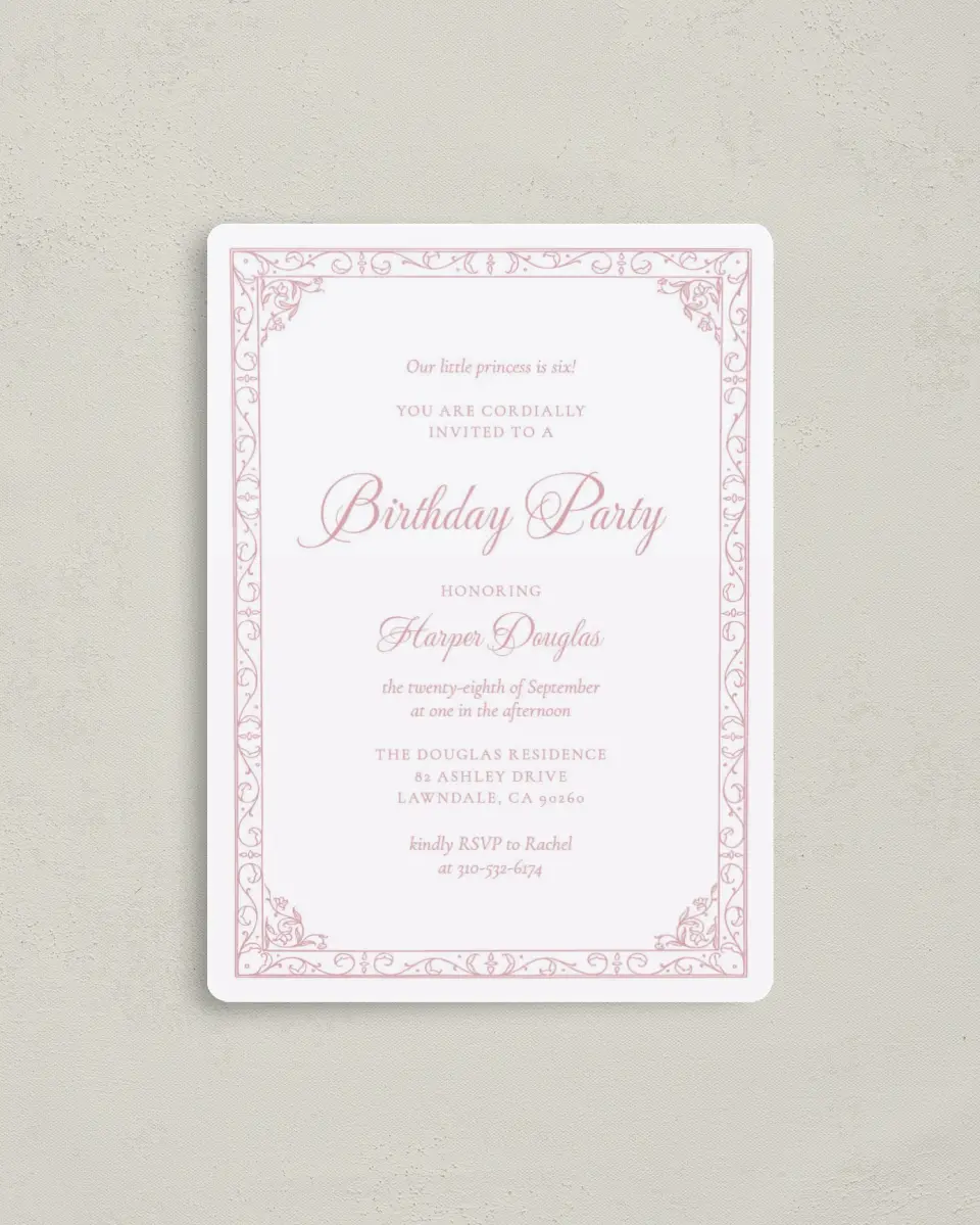 This is a 4" x 5½" Birthday Party Invitation called Princess Elegance printed in full color with a Luxe Satin finish