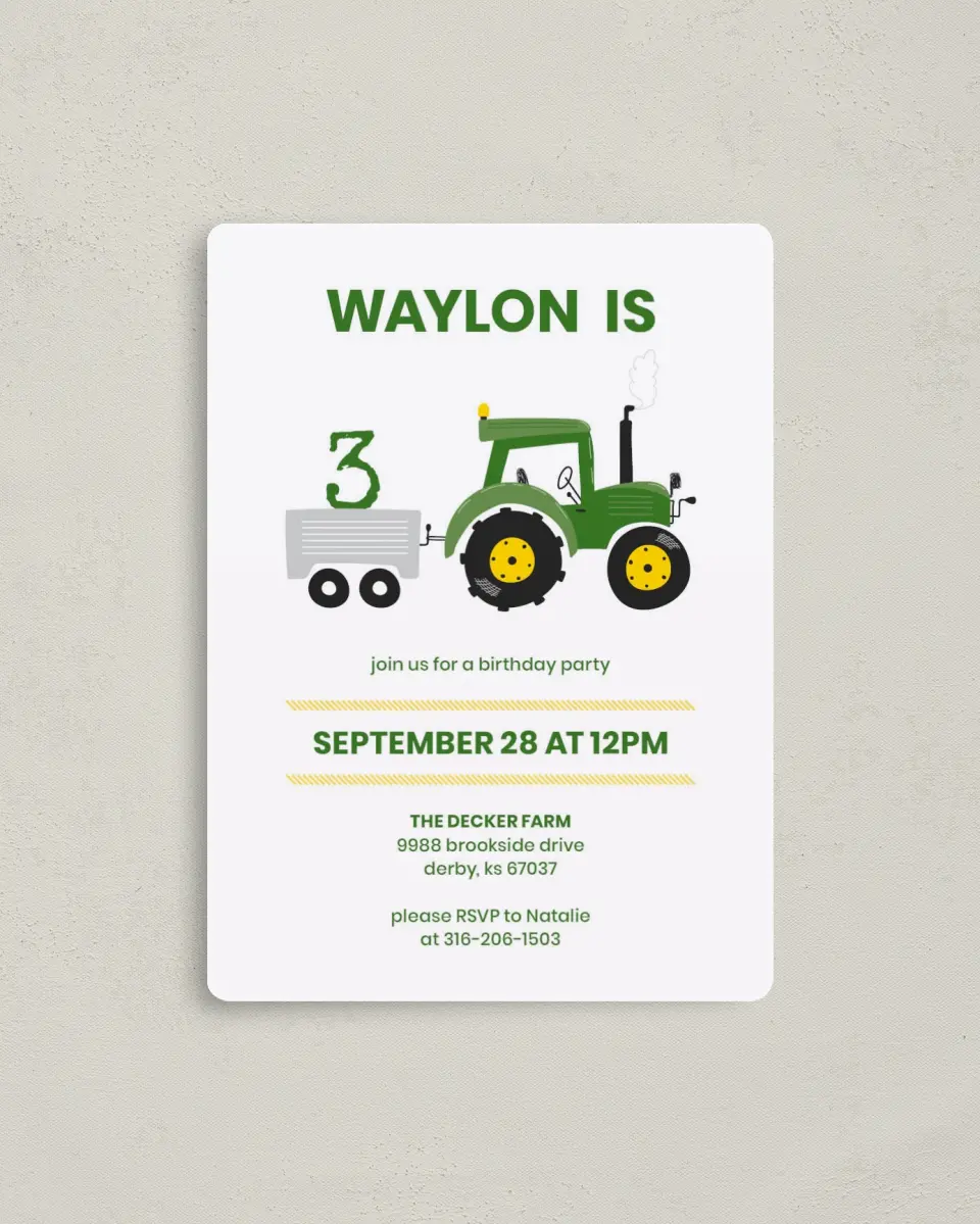This is a 4" x 5½" Birthday Party Invitation called Tractor Trek printed in full color with a Luxe Satin finish