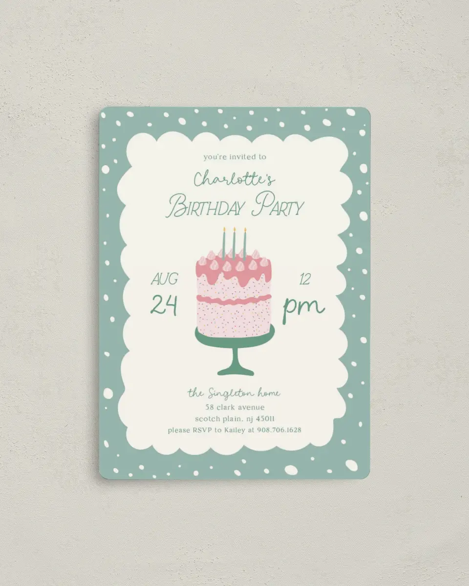 This is a 4" x 5½" Birthday Party Invitation called Sweet Celebration printed in full color with a Luxe Satin finish