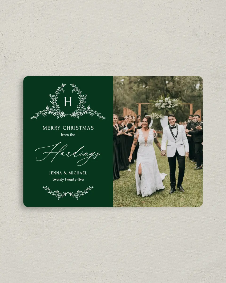 This is a 4" x 5½" Christmas Card called Christmas Crest printed in full color with a Luxe Satin finish