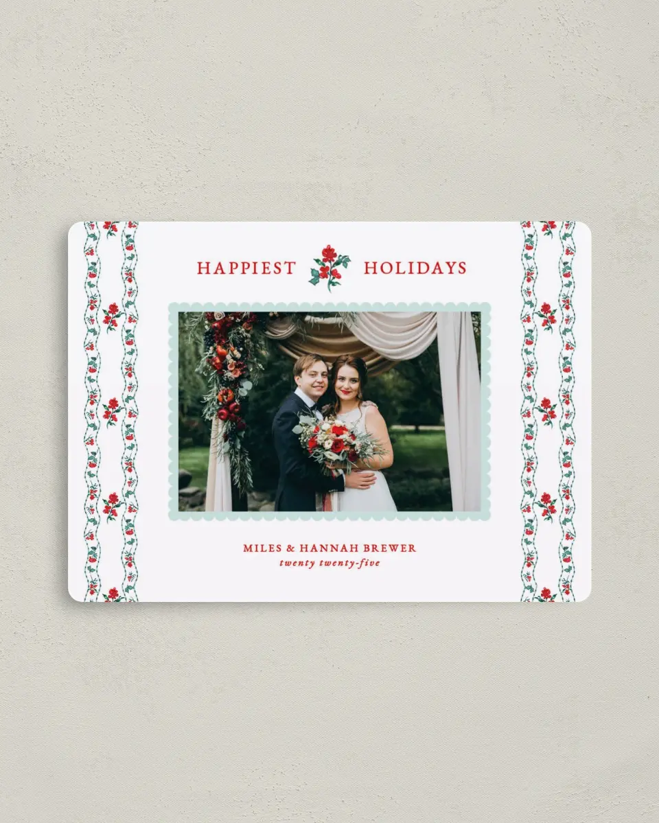 This is a 4" x 5½" Christmas Card called Vintage Petals printed in full color with a Luxe Satin finish