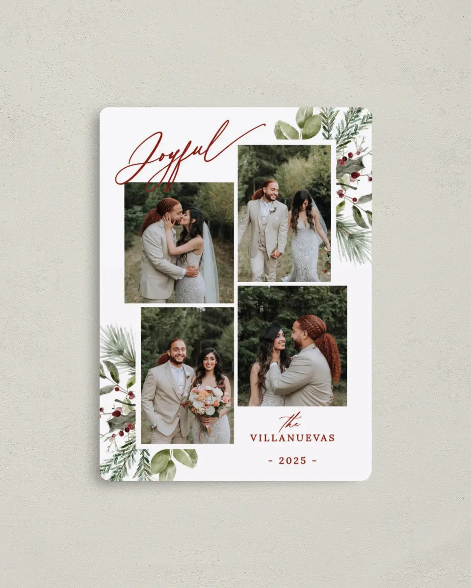 This is a 4" x 5½" Christmas Card called Joyful Evergreen printed in full color with a Luxe Satin finish