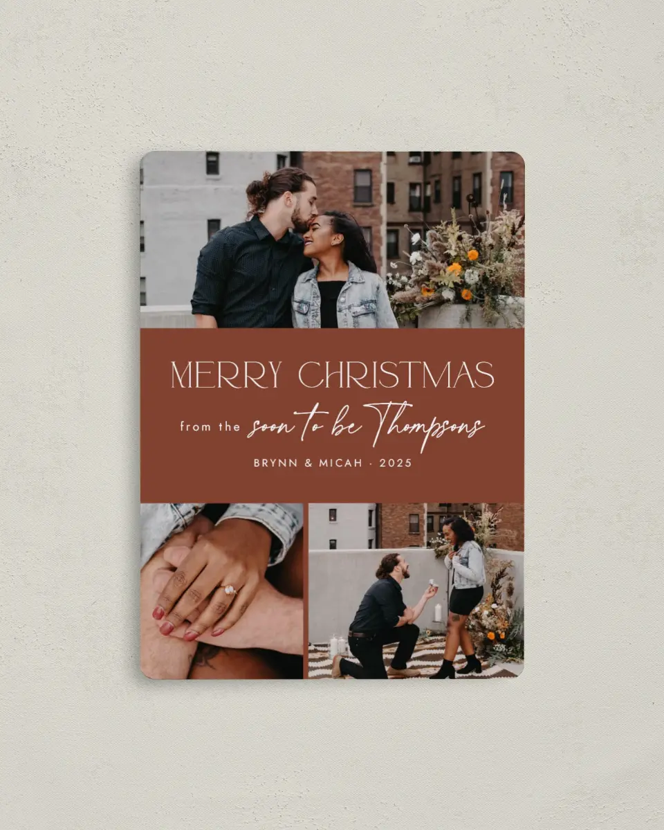 This is a 4" x 5½" Christmas Card called Soon to Be printed in full color with a Luxe Satin finish
