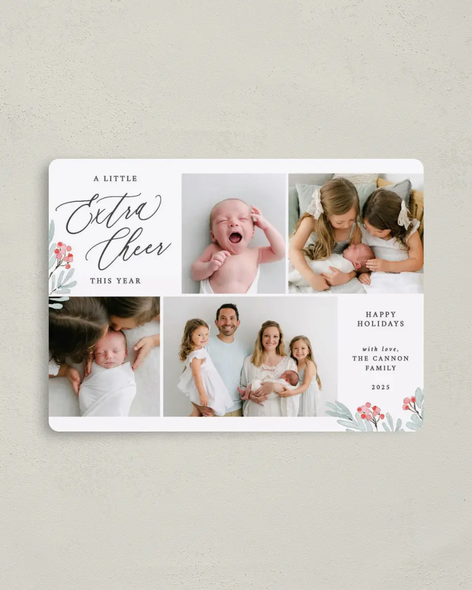 This is a 4" x 5½" Christmas Card called Extra Cheer printed in full color with a Luxe Satin finish