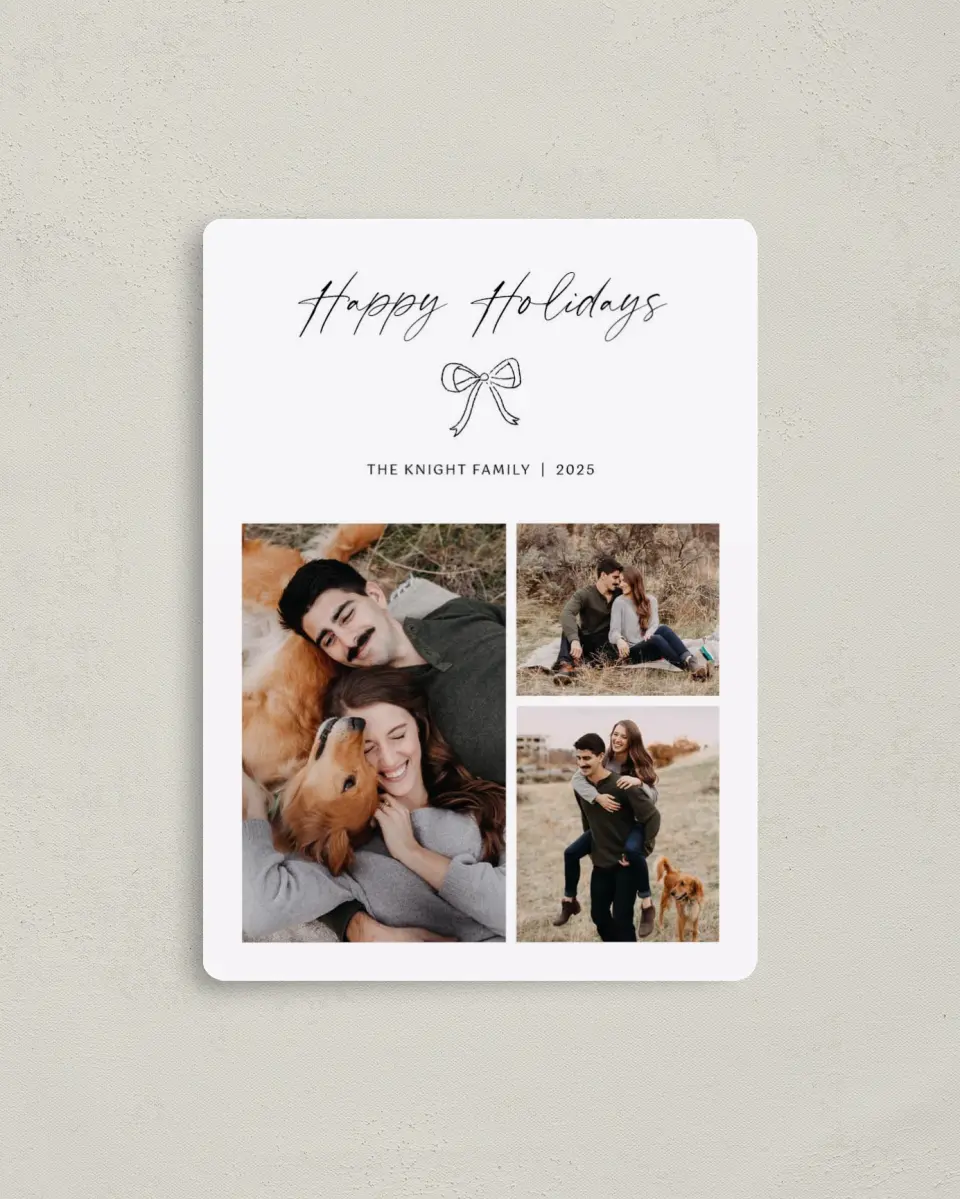 This is a 4" x 5½" Christmas Card called Charming Bow printed in full color with Rose Gold foil and a Luxe Satin finish