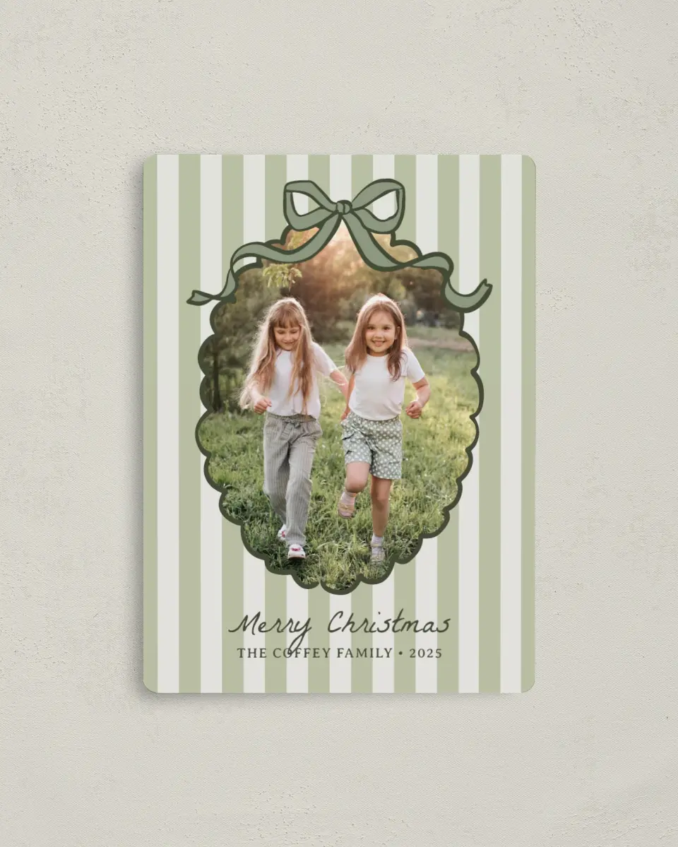 This is a 4" x 5½" Christmas Card called Coquette Christmas printed in full color with Gold foil and a Luxe Satin finish