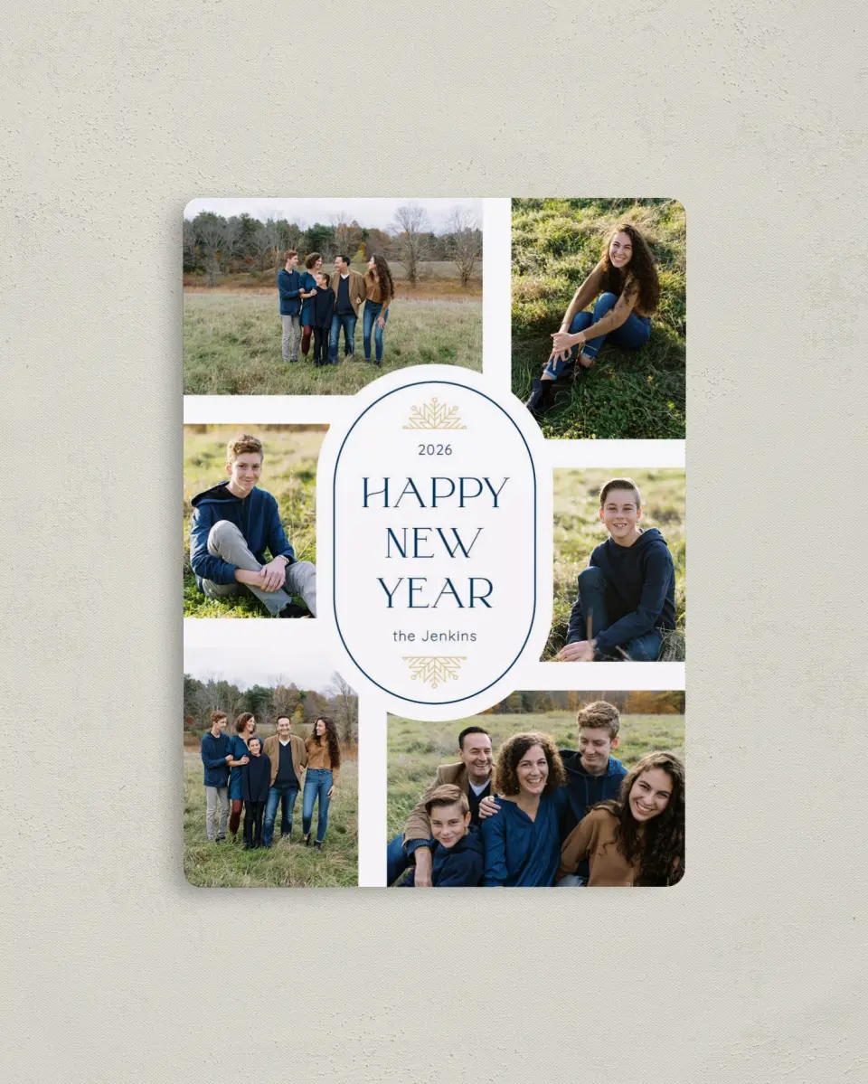 This is a 4" x 5½" Christmas Card called Radiant Moments printed in full color with Gold foil and a Luxe Satin finish