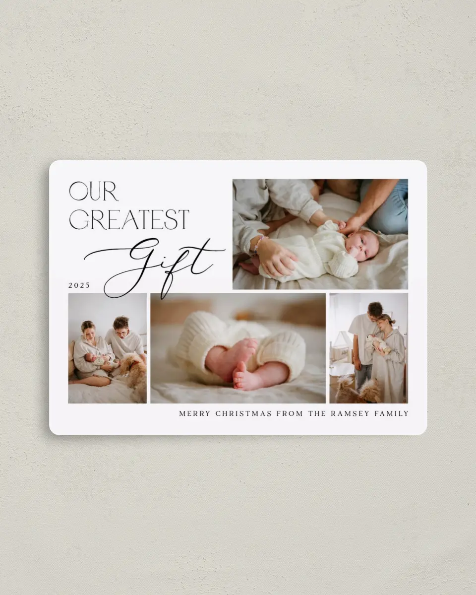This is a 4" x 5½" Christmas Card called Greatest Gift printed in full color with a Luxe Satin finish