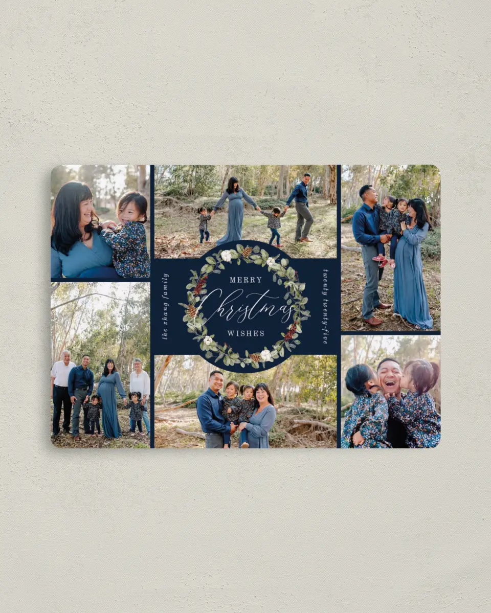 This is a 4" x 5½" Christmas Card called Wreathed Wishes printed in full color with a Luxe Satin finish