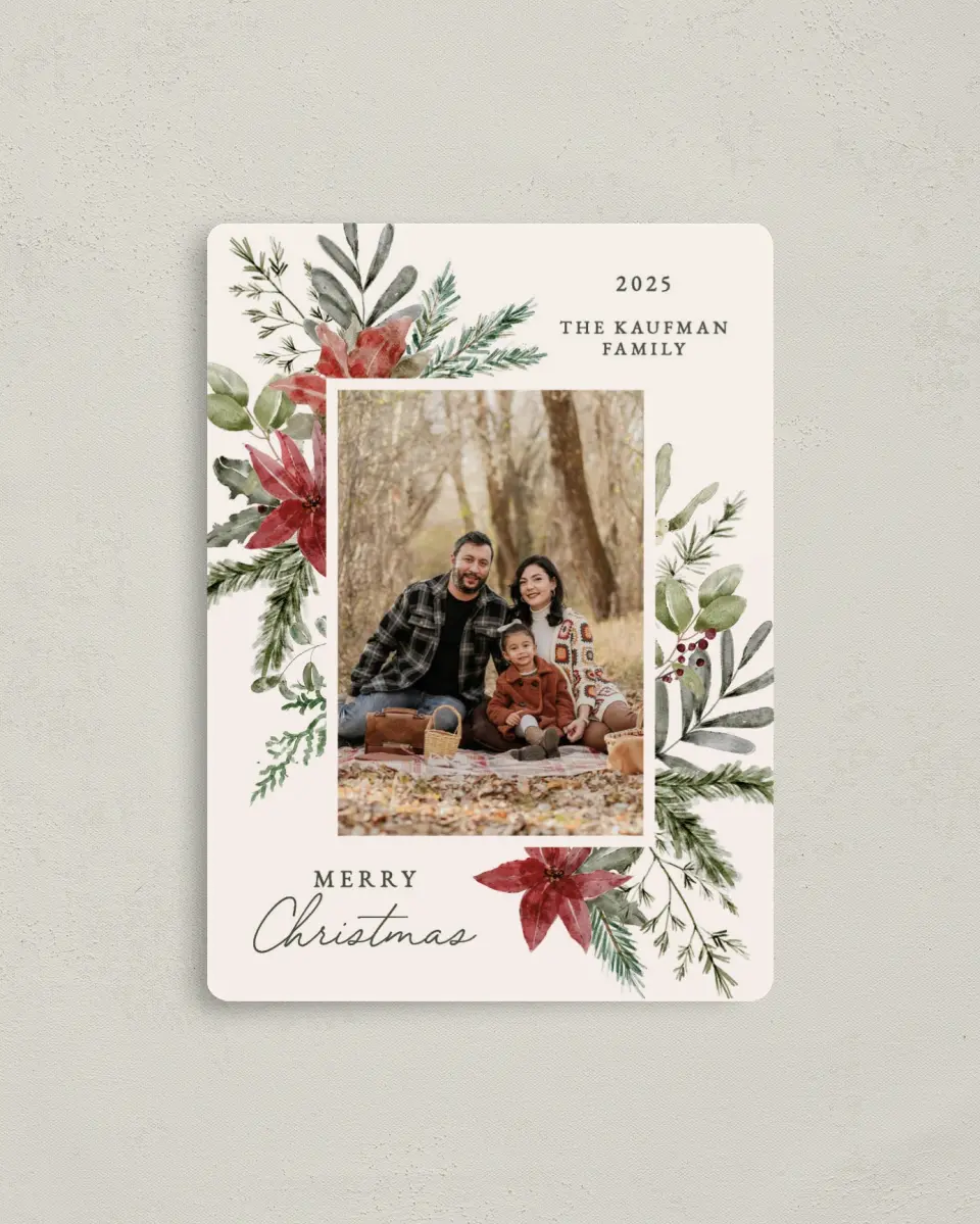 This is a 4" x 5½" Christmas Card called Ethereal Winter printed in full color with Gold foil and a Luxe Satin finish