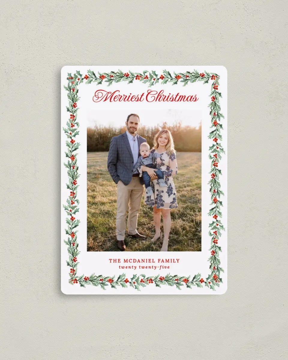 This is a 4" x 5½" Christmas Card called Holly Delight printed in full color with a Luxe Satin finish