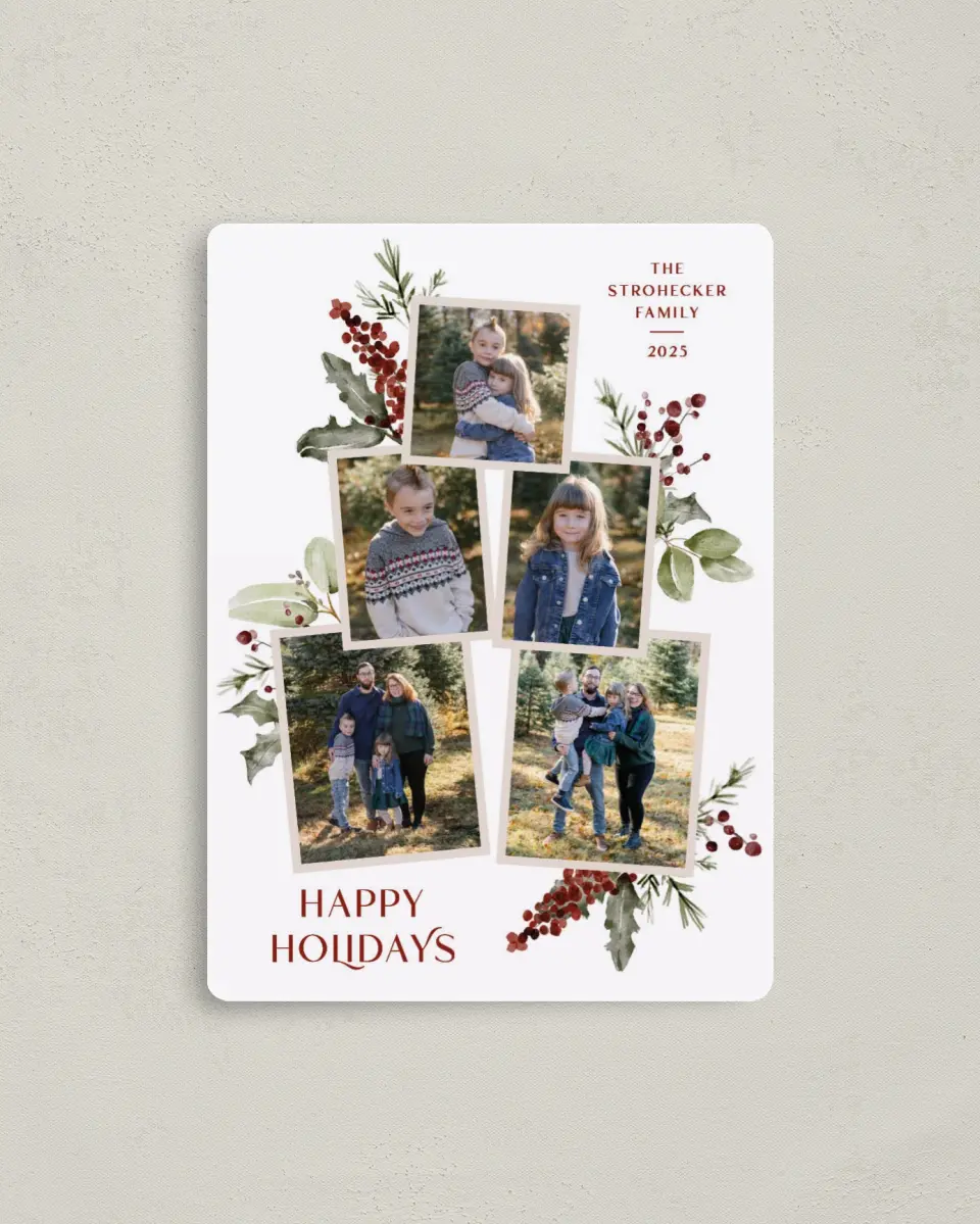 This is a 4" x 5½" Christmas Card called Merriest Berries printed in full color with Gold foil and a Luxe Satin finish