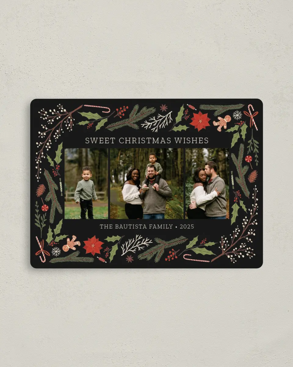 This is a 4" x 5½" Christmas Card called Sweet Wishes printed in full color with a Luxe Satin finish