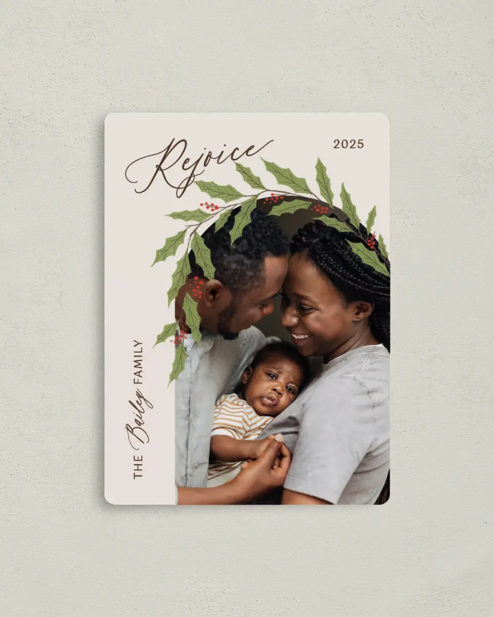 This is a 4" x 5½" Christmas Card called Joyful Vine printed in full color with Gold foil and a Luxe Satin finish