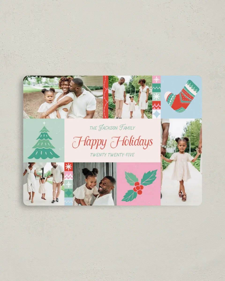 This is a 4" x 5½" Christmas Card called Jolly Blocks printed in full color with Gold foil and a Luxe Satin finish