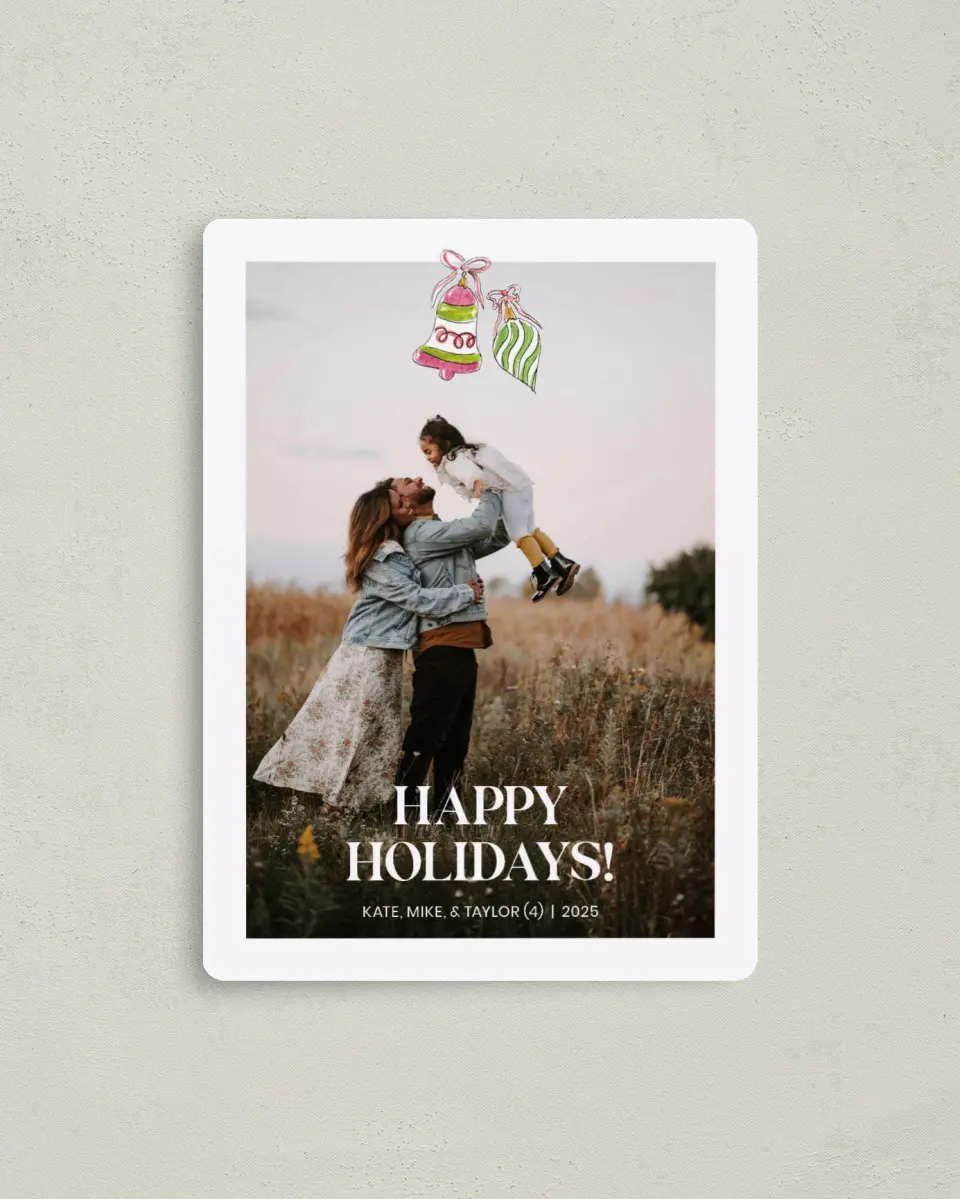 This is a 4" x 5½" Christmas Card called Ornamented Joy printed in full color with Gold foil and a Luxe Satin finish