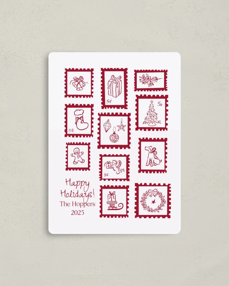 This is a 4" x 5½" Christmas Card called Merry Mail printed in full color with Gold foil and a Luxe Satin finish