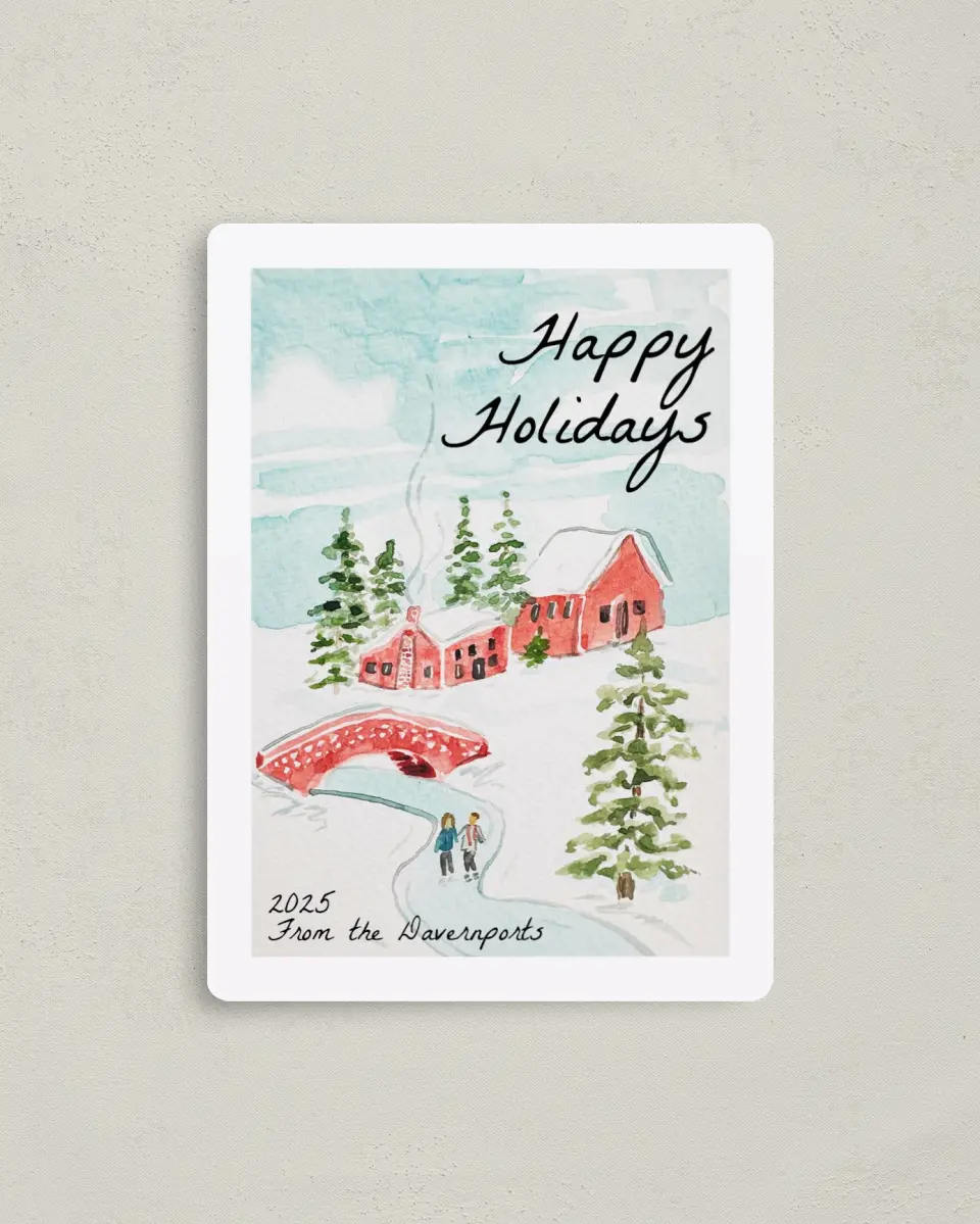 This is a 4" x 5½" Christmas Card called Icey Streams printed in full color with Gold foil and a Luxe Satin finish
