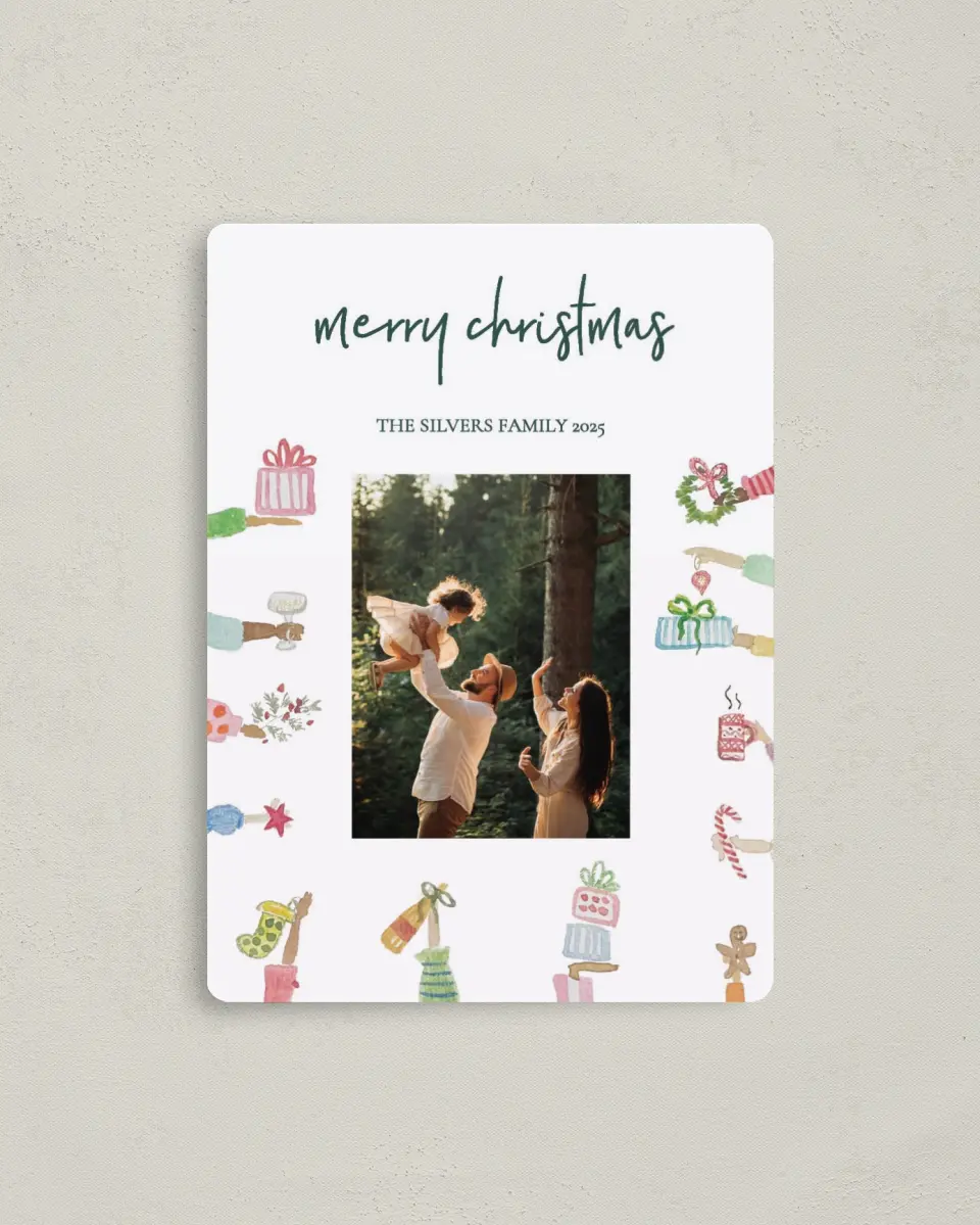 This is a 4" x 5½" Christmas Card called Wrapped Wishes printed in full color with Gold foil and a Luxe Satin finish