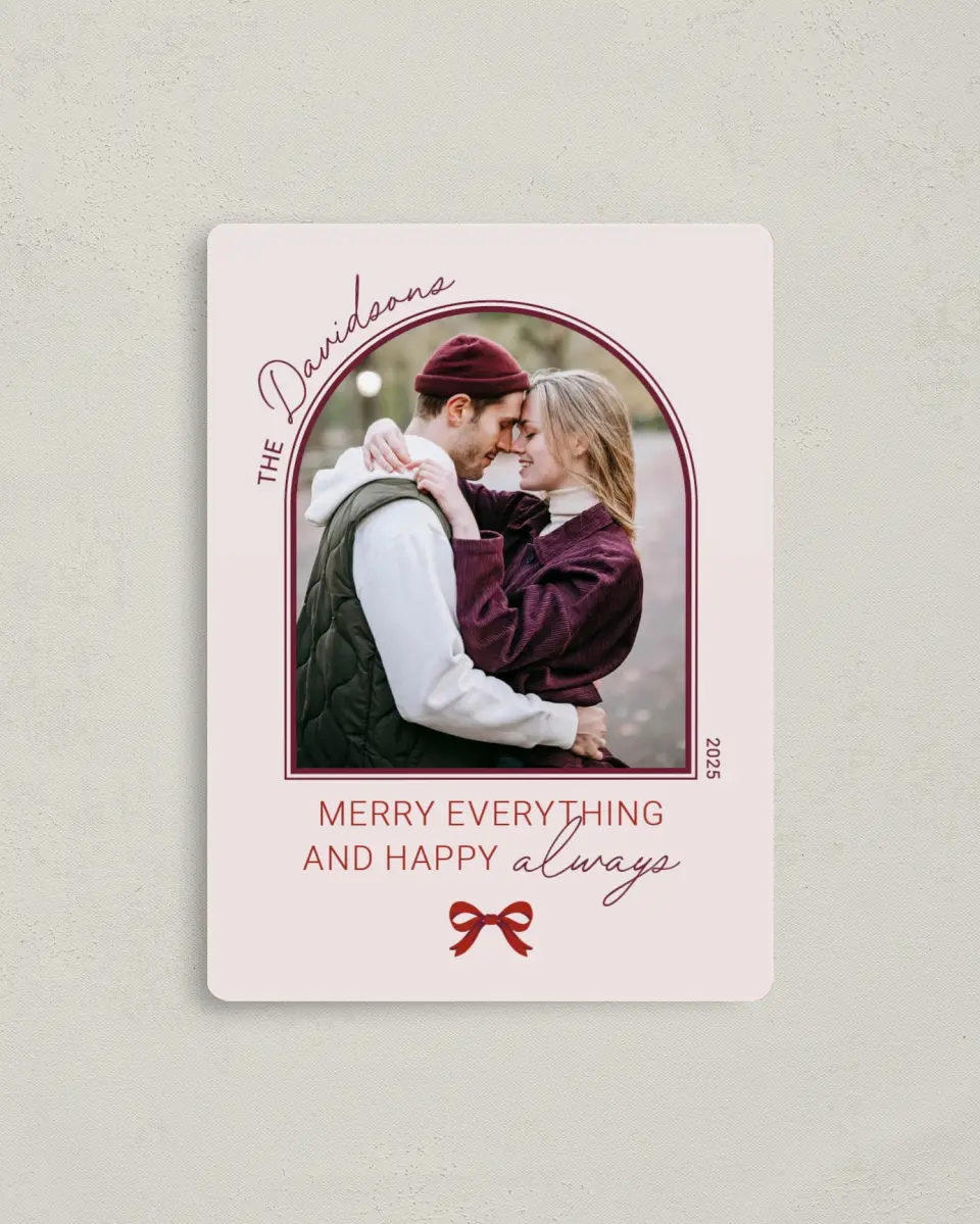 This is a 4" x 5½" Christmas Card called Happy Always printed in full color with Gold foil and a Luxe Satin finish