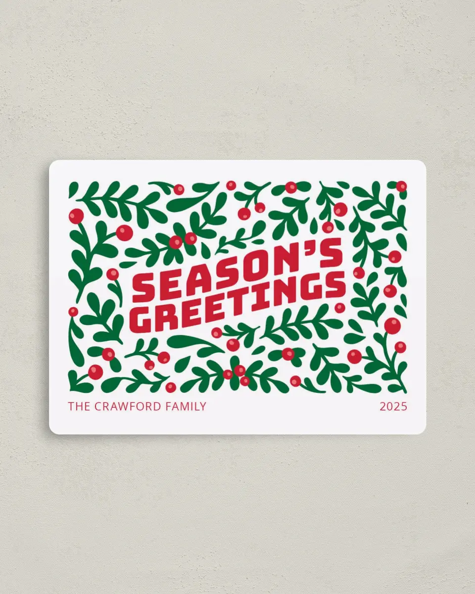 This is a 4" x 5½" Christmas Card called 'Tis the Season printed in full color with Silver foil and a Luxe Satin finish