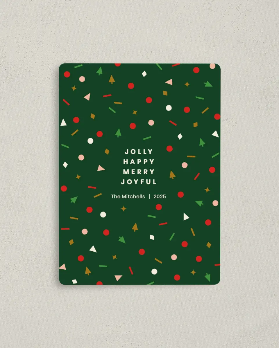 This is a 4" x 5½" Christmas Card called Jolly & Joyful Confetti printed in full color with a Luxe Satin finish