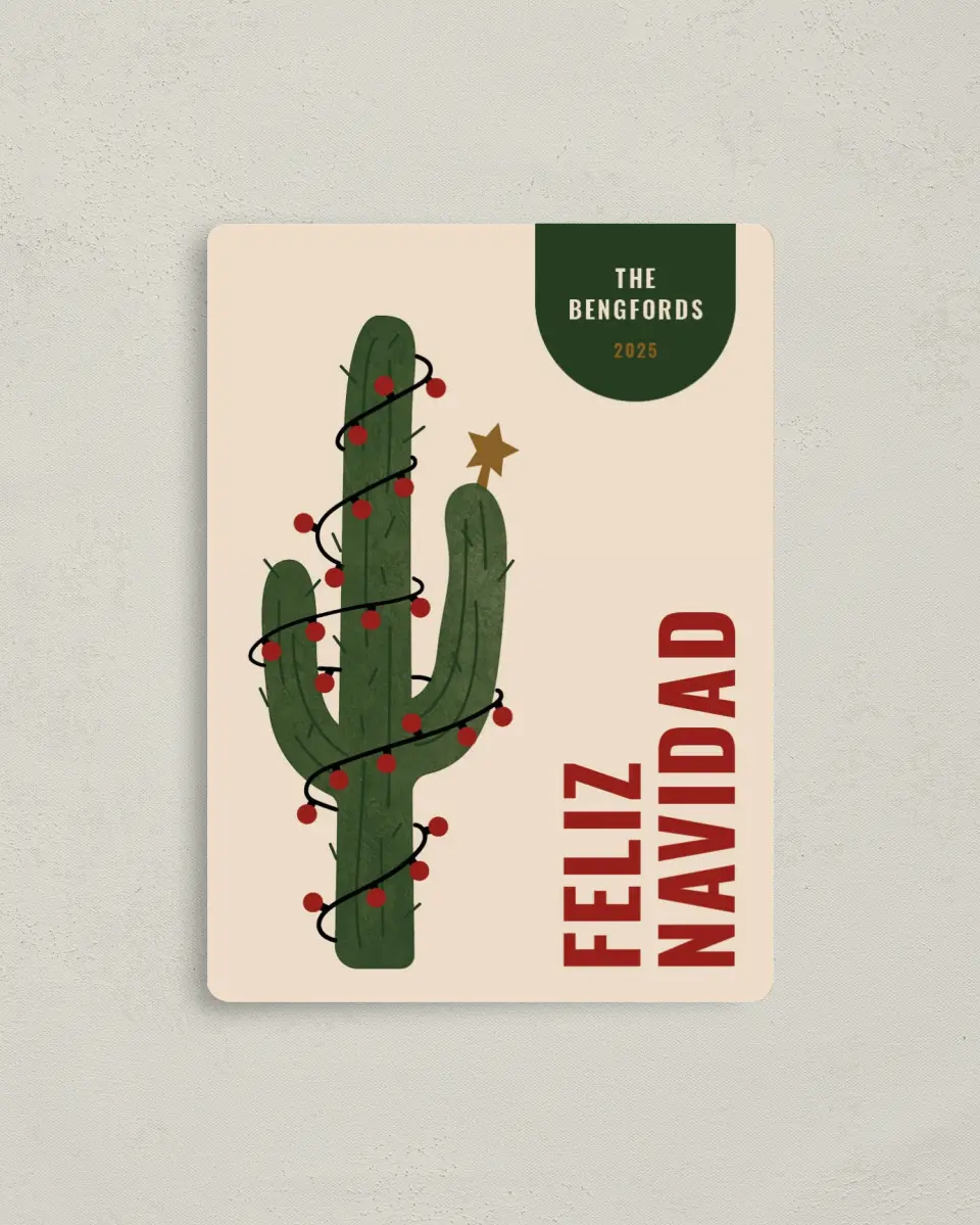 This is a 4" x 5½" Christmas Card called Feliz Cactus printed in full color with a Luxe Satin finish