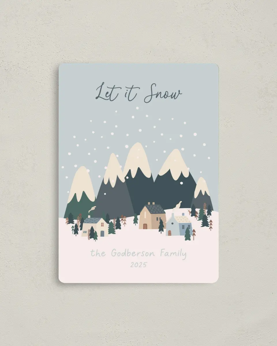 This is a 4" x 5½" Christmas Card called Dreamy Snowglobe printed in full color with Gold foil and a Luxe Satin finish