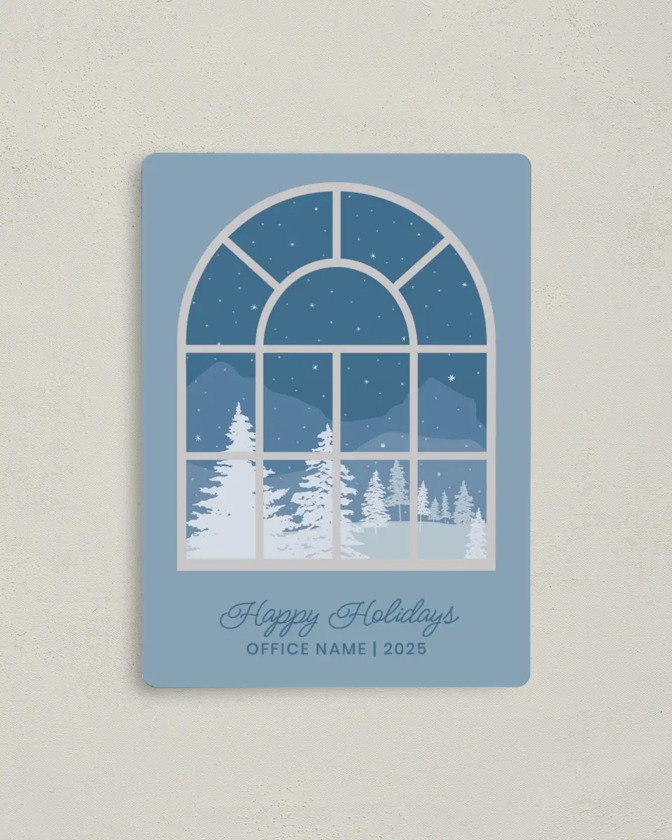This is a 4" x 5½" Christmas Card called Wistful Winter Window printed in full color with Gold foil and a Luxe Satin finish
